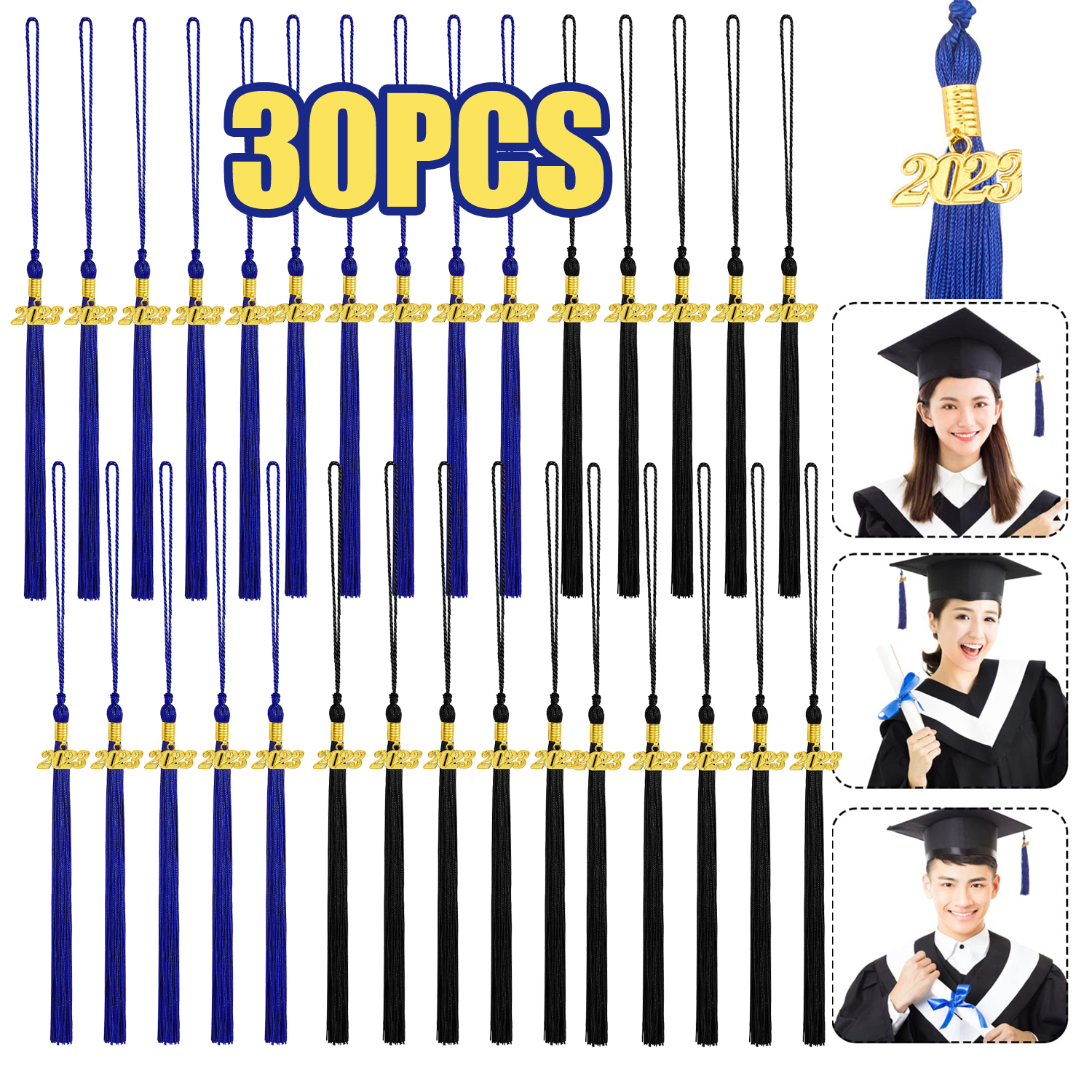 30 Pcs 2023 Graduation Cords Honor Cord with Tassels for College Graduation  Students Bachelor Master Doctor Grad Decor(Black Blue) 